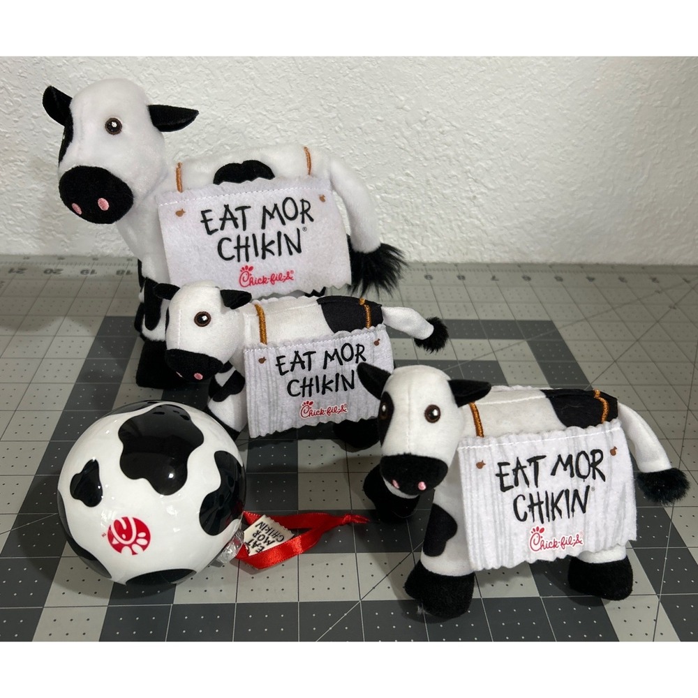Chick-fil-A Cow LOT Eat Mor Chikin Cow Plush and Ornament Set 4 Piece Bundle